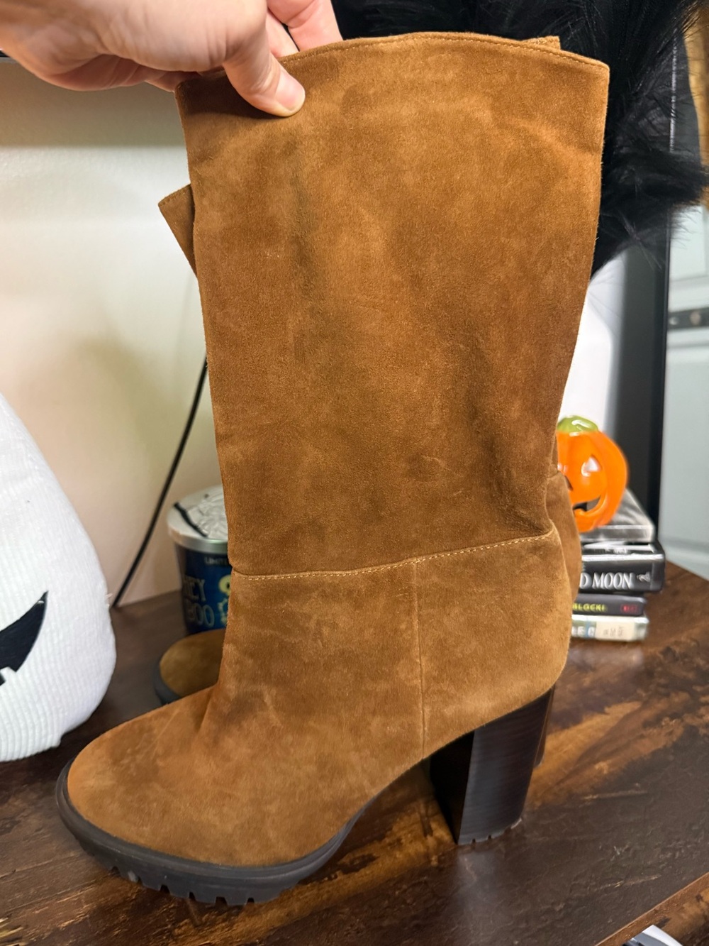Vince Camuto Suede Mid-Calf Heeled Boots in Cognac Brown